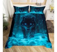 Homewish Blue Wolf Boys Bedding Set Jungle Animlas Comforter Cover,Wolves Painting Single Duvet Cover for Kids Men Safari Wildlife Bed Cover