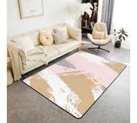 Homewish Boho Beige Abstract Large Rugs for Bedroom 150x200cm | Pink Grey White Brush Strokes Living Room Rug Graffiti Oil Painting Non Shedding Carpet for Hall Lounge Office