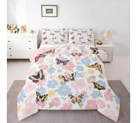 Homewish Boho Butterfly Double Coverless Duvet and Pillowcase Set | Chic Pink Blue Floral Duvet All Seasons Vintage Coquette Style Quilt Blanket Bedding Lightweight