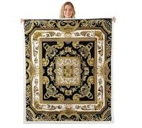Homewish Boho Chic Floral Fleece Blanket Baby 76x102cm Hippie Paisley Warm Plush Sherpa Blanket Vintage Boho Fuzzy Plush Throw Golden Black for Bed Sofa Couch