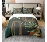 Homewish Boho Cotton Duvet Cover Double, Tropical Bedding Set Bedroom Decor | Mid Century Minimalist Quilt Cover with 2 Pillowcases, Bed Sets for Adults, Dark Green Gold, Abstract Geometric Art
