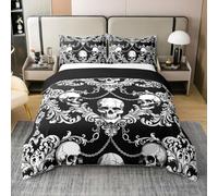 Homewish Boho Damask Skull 100% Cotton Duvet Cover Single Skeleton Bones Bedding Set For Kids Boys Girls Adults Black White Goth Skeleton Quilt Cover Halloween Themed Bed Set 2 Pcs