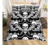 Homewish Boho Damask Skull Quilt Cover Single Skeleton Bones Bedding Set Black White Goth Skeleton Duvet Cover For Kids Boys Girls,Halloween Themed Bed Set