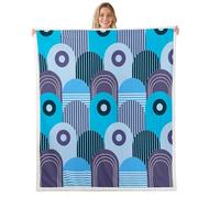 Homewish Boho Fleece Blanket Throw 127x152cm Geometric Warm Plush Sherpa Blanket Stripe Retro Circle Bohemia Fuzzy Plush Throw Mid Century Modern Blue for Bed Sofa Couch