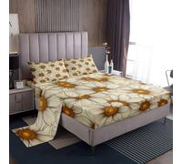 Homewish Boho Floral Sheet Set Single Groovy Flower Bed Sheets for Kids Teens Flowers Garden Bedding - Orange Grey Bed Sheets Set 3 Piece