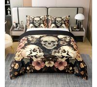 Homewish Boho Flowers Rustic Double Duvet Cover Set with 2 Pillowcases - Gothic Skeleton Exotic Cotton Bedding Farmhouse Floral Vintage Retro Quilt Cover Goth Skull Colorful Flower Bed Sets