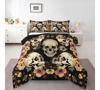 Homewish Boho Flowers Rustic King Bedding Set - Gothic Skeleton Exotic Duvet Set Farmhouse Floral Vintage Retro Quilt Set - Goth Skull Colorful Flower Coverless Duvet with 2 Pillowcases