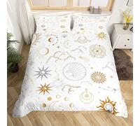 Homewish Boho Sun Duvet Cover For Kids Boys Girls King Star And Moon Bedding Set Gold Grey Celestial Stars Comforter Cover Soft Lightweight,Exotic Tribal Bohemian Quilt Cover 2 Pillow Cases White