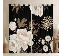 Homewish Botanical Floral Blackout Curtains,White Flowers Leaves Window Curtains 2 Panel Sets 66 x 90 Inch,Gold Leaf Plant Window Treatments Drapes,Vintage Floral Room Decor