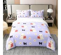 Homewish Bow Cotton Duvet Cover Single Ghost Bedding Set For Halloween Bowknot Kawaii Cartoon Cute Spooky Daisy Comforter Cover Flowers Blue Soft Breathable Bedclothes