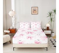 Homewish Bow Ghost Bedding Set Double Kawaii Halloween Fitted Sheet Cute Bowknot Ghosts Bed Sheets,For Kids Boys Girls,Cartoon Watercolor Bed Cover 3 PcsPink And White B