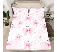 Homewish Bow Ghost Bedding Set King Kawaii Halloween Fitted Sheet Cute Bowknot Ghosts Bed Sheets,For Kids Boys Girls,Cartoon Watercolor Bed Cover 3 PcsPink And White B
