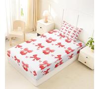 Homewish Bow Knot Bed Sheets Single Light Red Cherry Fitted Sheet Pretty Bowtie Bedding Set for Kids Boys Girls,Watercolor Ribbon Bow Bed Cover 2 Pcs