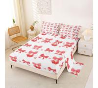 Homewish Bow Knot Sheet Set Double Light Red Cherry Bed Sheets Pretty Bowtie Bedding - Watercolor Ribbon Bow Bed Sheets Set 4 Piece