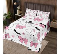 Homewish Bow Quilt Set Double Bowknot Ghost Bedspread Pink Girls Spooky Halloween Festival Pumpkin Coverlet Set,Kawaii Cute Cartoon Kids Warm Soft Bedclothes Bedding Quilted