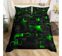 Homewish Boys Black Green Comforter Cover Double Teen Geometric Check Grid Bedding Set For Kids,Men Stereoscopic Abstract Square Duvet Cover Neon Gradient Plaid Quilt Cover Reversible Black