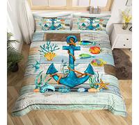 Homewish Boys Blue Anchor Bedding Set Single Ocean Nautical Theme Comforter Cover For Kids Girls Coastal Beach Duvet Cover Underwater World Fishes Starfish Shell Bed Set 1 Pillow Case Bedroom Decor