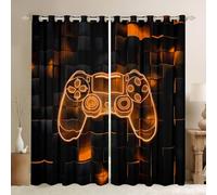 Homewish Boys Gamer Blackout Curtains 46x72,Gamepad Gaming Curtains & Drapes Gamer Room Decor For Boys,Geometric Video Game Window Curtains Orange Black Square Grids Window Treatments