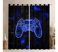 Homewish Boys Gamer Curtains & Drapes Gaming Blackout Curtains 46x72 Video Game Window Curtains Room Decor 3D Neon Geometric Grids Gamepad Window Treatments 2 Panels Blue Black