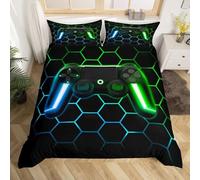 Homewish Boys Gaming Bedding Set Kids Gamer Duvet Cover Super King Luxury Soft Teens Game Controller Quilt Cover Home Room Decor Blue Green Geometry Honeycomb Print Bed Sets + 2 Pillowcases