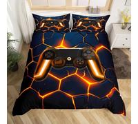 Homewish Boys Gaming Cot Bed Duvet Cover Game Room Decor, Kids Gamer Bedding Set Golden Fire Hexagonal Print Quilt Cover with 1 Pillowcase, Abstract Geometric Honeycomb Bed Sets for Teens Bedroom