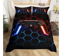 Homewish Boys Gaming Duvet Cover Kids Gamer Bedding Set Teens Modern Game Controller Duvet Cover Super King, Indigo Red Geometric Honeycomb Hexagon Pattern Quilt Cover 2 Pillowcases, Black