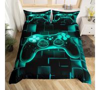 Homewish Boys Gaming King Size Bedding Game Room Decor, Kids Gamer Duvet Cover Set Black Reversible, Galaxy Video Games Gamepad Quilt Cover Neon Square Geometric Grid Bed Sets with 2 Pillowcases