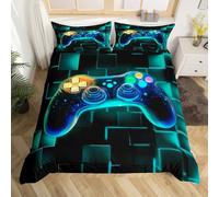 Homewish Boys Gaming King Size Duvet Cover Sets Kids Blue Gamer Bedding Black Reversible, Galaxy Video Games Gamepad Quilt Cover Neon Square Geometric Grid Bed Set with 2 Pillowcases
