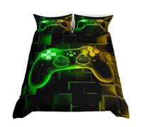 Homewish Boys Gaming Single Bedding Set Game Room Decor, Kids Gamer Duvet Cover Black Reversible, Galaxy Video Games Gamepad Quilt Cover Neon Square Geometric Grid Bed Sets with 1 Pillowcase