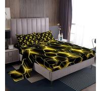 Homewish Boys Honeycomb Pattern Bed Sheets Set Single, Yellow Neon Geometric Sheet Set for Teens Men, Golden Hexagonal Design Flat Fitted Sheet Gaming Sheets with 1 Pillowcase Gamer Room Decor
