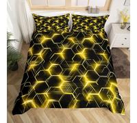 Homewish Boys Honeycomb Pattern Double Duvet Cover, Yellow Neon Geometric Bedding Set for Teens Men, Golden Hexagonal Design Quilt Cover Gaming Bed Set with 2 Pillowcases Gamer Room Decor