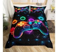 Homewish Boys Kids Gaming Double Bedding Set 3 Pieces, Black Reversible Duvet Cover for Teens Girls, Neon Rainbow Gamepad Quilt Cover, Dreamy Galaxy Honeycombs Print Bed Set, Microfibre Soft