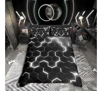 Homewish Boys Single Duvet Cover Set with 1 Pillowcase Silvery Honeycomb Bedding for Kids Teens Adults Modern Geometric Comforter Cover Neon Glitter Hexagon Bed Set (Silver Black,Reversible)