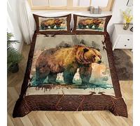 Homewish Brown Bear Duvet Cover Single Woodland Safari Animal Bedding Set, Watercolor Wildlife Comforter Cover Rustic Farmhouse Bed Set, Country Lodge Cabin Bedding Breathable (Zipper Closure)