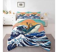 Homewish Brown Black Cat Double Comforter - Underwater World Whale Bedding Set Gradient Ukiyoe Ocean Waves Duvet Set - Japanese Style Sunset Coverless Duvet