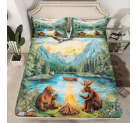 Homewish Camper Fitted Sheet Single Bear Bed Sheets Eagle Lake Sunset Deer Boat Woods Bedding Set for Kids Boys Girls,Moose Birds Hand Drawn Bonfire Bed Cover 2 Pcs