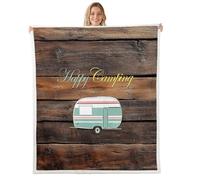 Homewish Camping RV Fleece Blanket Throw 127x152cm Old Barn Door Camper Rustic Warm Plush Sherpa Blanket Happy Glamping Trailer Cabin Fuzzy Plush Throw Wooden Plank Camp Travel Car for Bed Sofa Couch