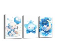 Homewish Canvas Wall Art Set of 3, Blue Elephant Nursery Decor | Boho Moon And Stars Wall Paintings, Cute Animal Baby Nursery Posters for Kids Room Bedroom