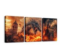 Homewish Canvas Wall Art Set of 3, Dragon Fire Decor | Psychedelic Fierce Animal Framed Wall Art, Dragon And Dungeon Pictures for Bedroom Living Room