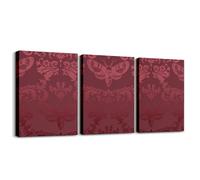 Homewish Canvas Wall Art Set of 3, Gothic Moth Decor | Burgundy Moth Goth Canvas Wall Art, Vintage Damask Boho Victorian Floral Posters for Bedroom Living Room