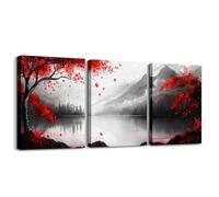 Homewish Canvas Wall Art Set of 3, Red Maple Leaves Decor | Chinese Ink Wash Painting Landscape Poster Prints, Nature Floral Wall Decor for Boys Girls, 40X30Cm