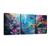 Homewish Canvas Wall Art Set of 3, Underwater Ocean Creatures Decor | Sea Fish Coral Pictures Wall Decor for Living Room Bedroom, Marine Life Coastal Posters, 40X30Cm Prints