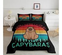Homewish Capybaras Coverless Duvet Double 3Pcs,Funny Rainbow Capybara Duvet Set for Kids Boys Teens,Woodland Hunting Theme Bedding,Cute Mouse Rodent Animals Quilt for Capybara Lovers,Black