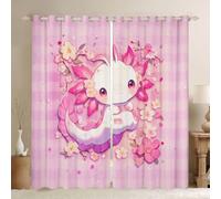 Homewish Cartoon Animal Cute Pink Window Curtains 46 x 54 Inch 2 Panel Sets - Axolotl Kawaii Salamander Blackout Curtains Cherry Blossoms Window Treatments Drapes Flower Floral for Bedroom