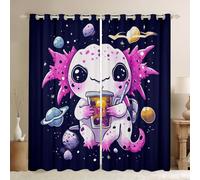 Homewish Cartoon Axolotl Window Curtains 2 Panel Sets 46 x 72 Inch,Milk Tea 30-50% Blackout Curtains,Planet Galaxy Salamander Window Treatments Drapes for Bedroom Living Room