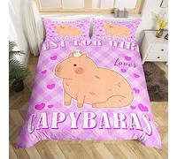 Homewish Cartoon Capybara Bed Set for Kids - Cute Rodent Animal Bedding Set Single Size - Buffalo Check Print Duvet Cover Kawaii Room Decor for Teens Boys Girls - Pink Quilt Cover All Season