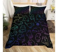 Homewish Cartoon Cute Bed Set Aesthetic Kawaii Cat Duvet Cover for Boys Girls, Kids Kitten Bedding Set King Colorful Neon Lines Comforter Cover, Neon Animal Bed Cover for Boys Girls, Black Reversible