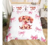 Homewish Cartoon Dachshund Bedding Double Princess Style for Kids Girls Teens - Pink Princess Bowknot Duvet Cover Double - Cute Lovely Sausage Dog Quilt Cover Kawaii Ribbon Bow Bed Set