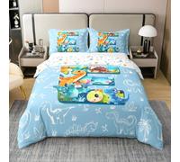 Homewish Cartoon Dinosaurs Cotton Duvet Cover Single 3D Dinosaur Bedding Set For Kids Boys Girls Adults Blue Initial Letter E Comforter Cover Jungle Animals Dino Bed Set 2 Pcs