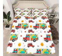 Homewish Cartoon Fire Truck Fitted Sheet Single for Kids Teens Adults,Firefighter Fireman Bed Sheets,Emergency Fire Engine Bedding Set for Kids Boys Girls,Firefighting Supplies Bed Cover 2 Pcs